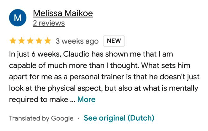 Google review by Melissa Maikoe, five stars, 3 weeks ago: In just 6 weeks, Claudio has shown me that I am capable of much more than I thought. He doesn't just look at the physical aspect, but also at what is mentally required.